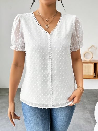 Image of Shasmi Women's Elegant French Textured Fabric Solid Color Lace Panel V-Neck Jacquard Blouse,Short Puff Sleeve Tops Simple Daily Spring /Summer Casual Blouse Shirt (Top 178)