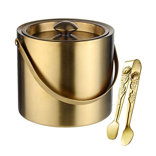 Kovake Ice Bucket Gift Kit, Stainless Steel Double Walled Insulated Round Ice Bucket with Ice Tongs and Lid, Perfect for Home Bars, Pubs, Restaurants, BBQs and Picnics (3 Litre, Gold)
