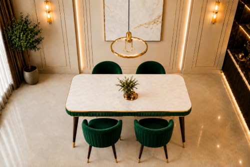 Image of WOODEN SPACE Majestic 4 Seater Wooden Dining Table Set | Urban Marble Top Dining Table with Chairs for Dining Room & Kitchen (Dark Green Majestic Backline)