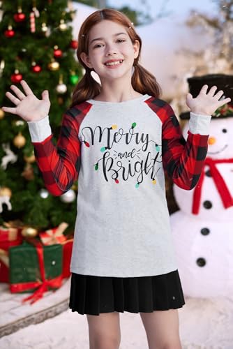Image of BesserBay Girl's Christmas Buffalo Plaid Raglan Top Funny Holiday Graphic Shirt 4-14 Years
