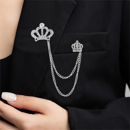 Image of coadipress Crown With Hanging Chain Brooch for Women Men Elegant Gentlemen Gold Silver Crystal Crown Lapel Pin Vintage Rhinestone Wedding Brooch Suit Shirt Pin Accessories
