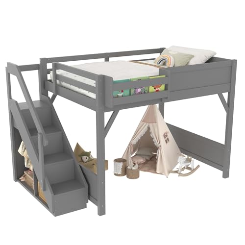 Image of KEIKI Solid Wood Full Size Loft Bed Frame with Stairs Built-in Wardrobe | Full Size Loft Bed with Storage Shelves, Full-length Guardrails, No Box Spring Needed for Bedroom, Dorm, Gery
