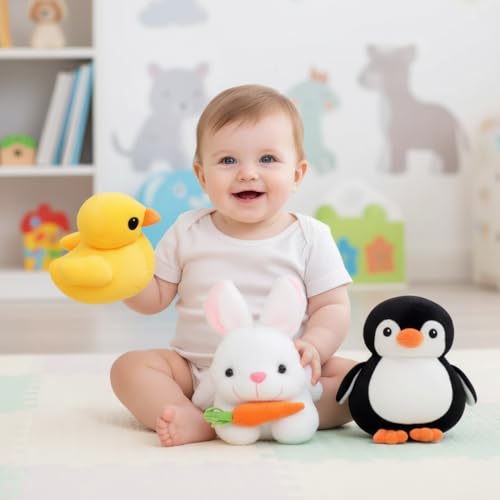 Image of Plush Toy Set for Kids (Pack of 4) - Soft Stuffed Duck, Bunny, Penguin & Flower Cat Characters | Cute Huggable Plushies for Boys & Girls | Gift Toy for Playtime & Bedtime