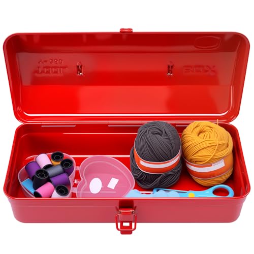 Werkzeugkoffer Leer 37×16×12cm Werkzeugbox mit Tragegriff Schloss Werkzeugkiste Metall Robust Langlebig für Nähzubehör Reparaturwerkzeuge Hardwareteile (rot)