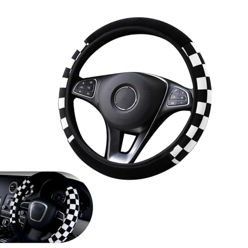 Foelony Black and White Checkered Plaid Soft Wheel Cover, Non-Slip Fluffy Keep Warm Steering Wheel Protector Decor, Universal for 14.5-15 Inch Car Truck SUV (Black & White)