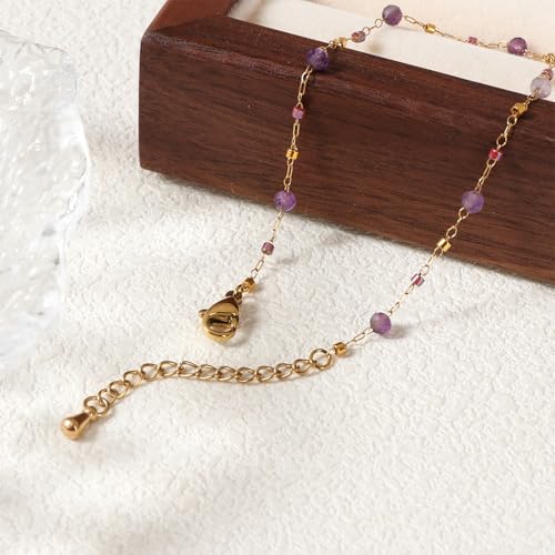 Tayolnfaso Amethyst Beaded Link Bracelets For Women 18K Gold Plated Handmade Dainty Amethyst Bracelet Light Purple Natural Amethyst Crystal Beaded Bracelet Jewelry Birthday Gift For Women thumb #5