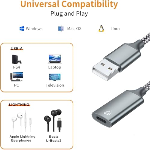USB A to Lightning Audio Adapter Cable USB 3.0 Male to Lightning Female HiFi Audio Headphones Converter Fit with USB A MacBook Computer PC Support Volume Control Mic Nylon Braided (Grey)