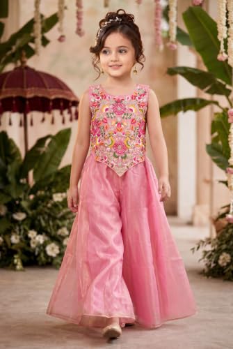 Image of Girls Art Silk Embroidered Kurta & Sharara Set | Festive & Wedding Traditional Outfit | Ethnic Wear for Kids | Stylish Sharara Suit Set