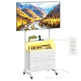 OYRREU LED Light TV Stand on Wheels with Mount and Power Outlets, Rolling TV Stand Adjustable Height & 4 Drawer Storage, White