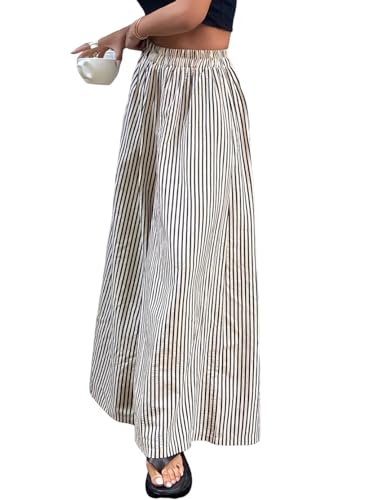 Womens Striped Pants Elastic Waist Palazzo Pants Casual Lounge Wide Leg Trousers