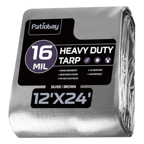 Patiobay Tarp 12x24FT 16 Mil Large Tarp Tarps Heavy Duty Waterproof with Grommets Every 23.6 420D Thick Plastic Tarp UV Resistant Tear&Fade Resistant Reinforced Edges for Outdoor Pool Camp Tent