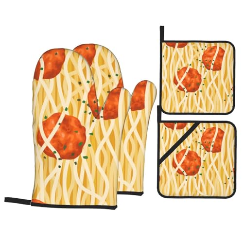 Spaghetti Meatballs Pattern Oven Mitts and Pot Holders 4 Pcs