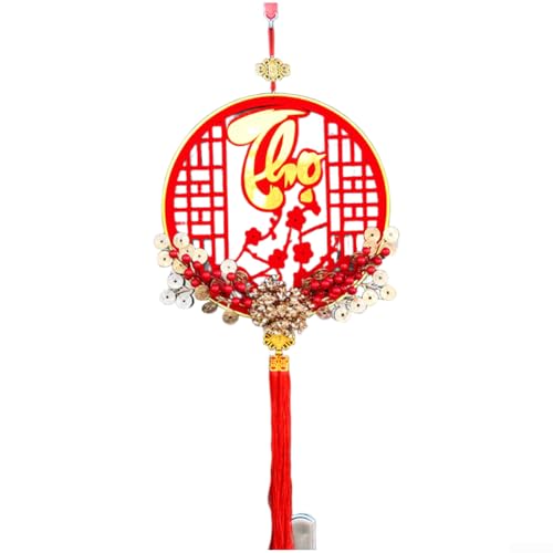 Carillon éolien en bois fait à la main en fleur de prunier vietnamien pour le Nouvel An, festival TET et célébration lunaire - Ornement traditionnel rouge et doré avec FES(THO)