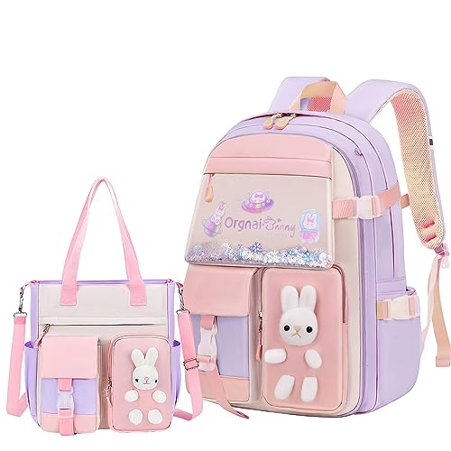LANSHIYA Mochila Kawaii para escola, meninas, coelhinho, mochila infantil, casual, mochila fofa para uso ao ar livre, 2 peças, roxo, Medium, Mochila com zíper de 180°