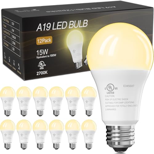 TJOY LED Light Bulbs, 100 Watt Equivalent A19 LED Bulbs, Soft Warm White 2700K, Energy Saving Lightbulbs with E26 Standard Base, 1500 Lumens Non Dimmable Lamp for Home Bedroom Kitchen, 12 Pack