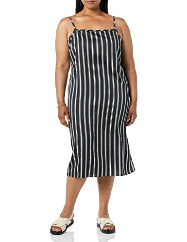 Amazon Aware Women's Recycled Polyester Stretch Satin Georgette Strap Midi Dress (Available in Plus Size), Black Ivory Stripe, X-Large