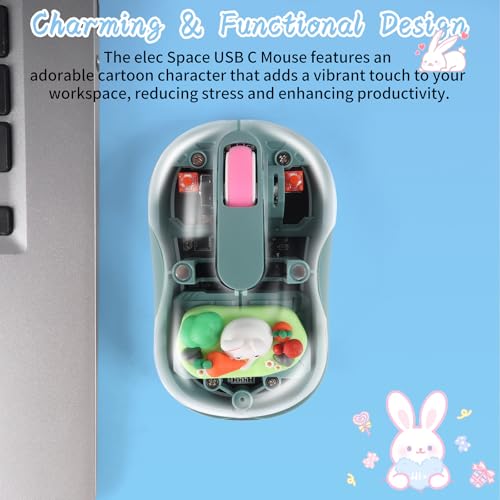 Image of elec Space Cute Wireless USB C Mouse - Bluetooth Triple Mode Rechargeable Cartoon Mouse for Laptops, iPads & MacBook Air /Pro - Silent Operation, Portable Design, Unique Magnetic Character (Green)