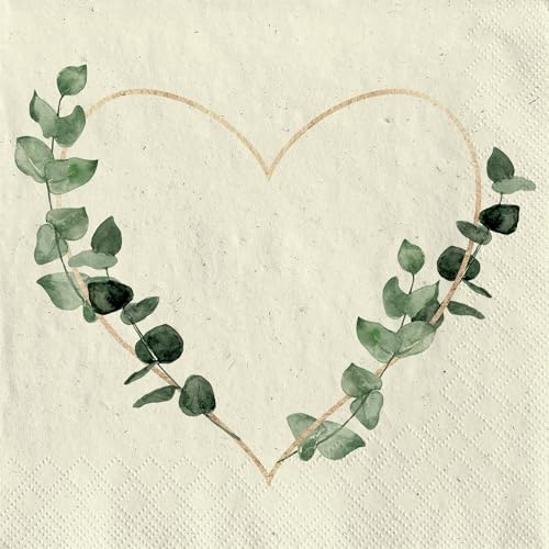Lot de 20 petites serviettes à cocktail en papier recyclé, pour mariage et amour, cœur avec feuilles vertes, comme décoration de table. Serviettes en papier avec motif. Convient également pour le