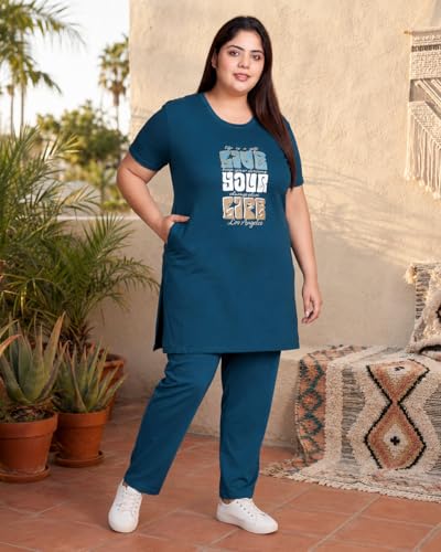 Image of In Love Women Cotton Regular Fit Plus Size Long-Line Chest Print T-Shirt with Pocket