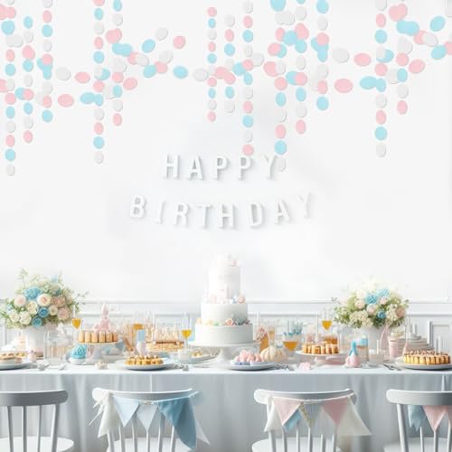 Image of White Blue Pink Party Decorations - Paper Garland Streamer Banner Birthday Decorations Baby Shower Decorations Gender Reveal Decorations Gender Neutral Decorations Bridal Wedding HongTongTong