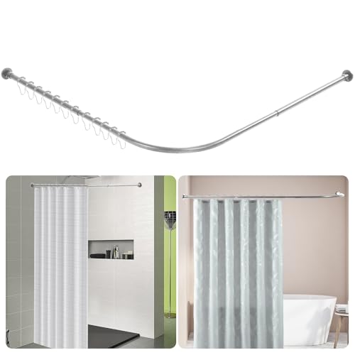 Btstil Shower Curtain Rail L Shape Adjustable Corner Shower Curtain Rod Wall Mounted 304 Stainless Steel Curved Shower Rail With 12 Rings for Bathroom Bathtubs (Silver 68-98cm x 68-98cm)