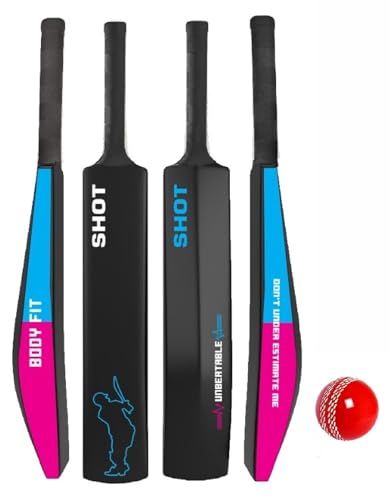Image of Bodyfit Heavy Duty Plastic Premium Cricket Bat for Men, Women & Children | Lightweight| Full Size| | Hard Plastic Bat Red | 1 Piece, 1 Soft /Wind Ball. (Shot-BluPink)