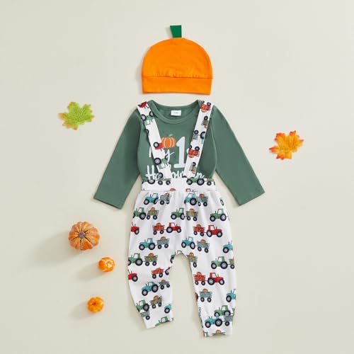 My First Halloween Baby Boy Outfit Long Sleeve Romper Tractor Suspender Pants Set Pumpkin Hat 3Pcs Halloween Clothes2
