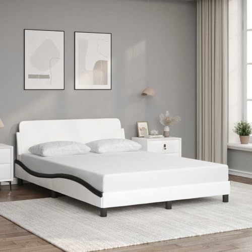 Lumanois Cadre de Lit Dover Blanc et Noir 140x190 cm Similicuir Tête de Lit Incluse Structure Métal Pin Massif Contreplaqué Chambre à Coucher Salon