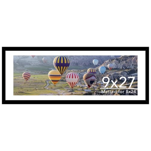 Image of JCJMY 9x27 Picture Frame with 8x24 Mat, Display Photo 8x24 with Mat or 9 x 27 Without Mat, Wall Hanging Large 9 by 27 Poster Frame with Plexiglass, Black