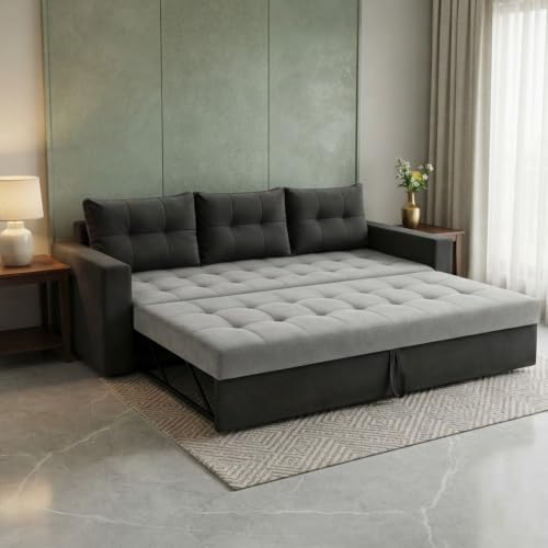 Image of FURNY Tressa 3 Seater Fabric Pull-Out Sofa Cum Bed Function (Dark Gray-Light Gray) | Luxury Velvet Suede Finish | Durable Comfort Sofa Bed for Modern Living Room & Office Spaces