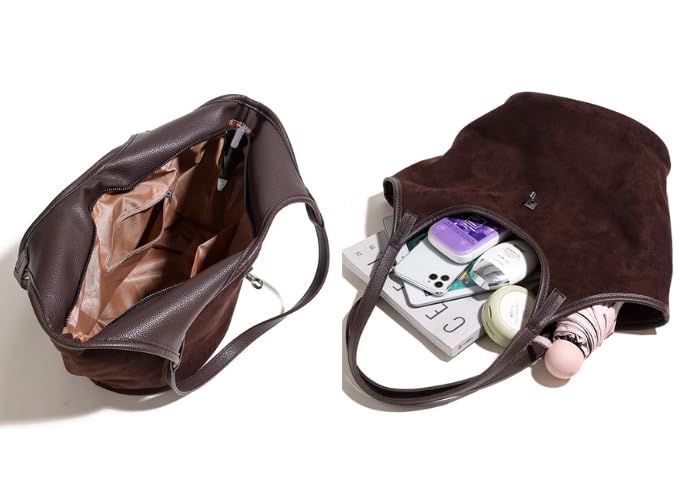 Image of Brown Suede Tote Bag for Women Trendy Hobo Bag Bucket Tote Bag Work Hobo Handbags