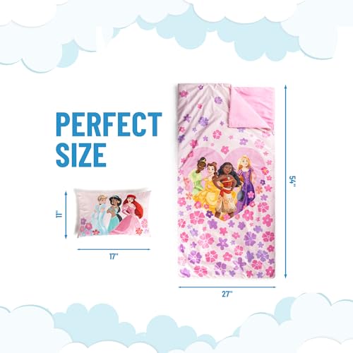 Image of Jay Franco Kids Slumber Bag and Pillow - 54 x 27 Inch Comfy Indoor Sleeping Bag for School and Sleepovers, 2 Piece Set, Pink - Princess