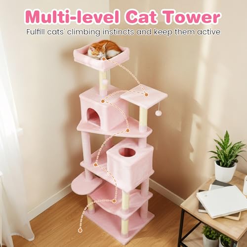 Torre para gatos indoor 75 pulgadas con postes de sisal rosa miniatura 5