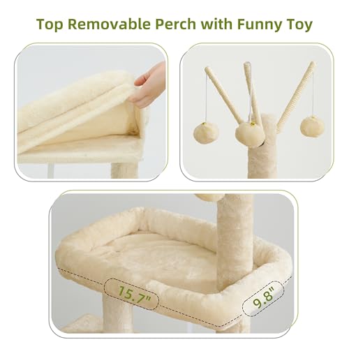 Image of Gitelsnour Cat Tree Tower for Indoor Cats, Top Platform with Toy, GCT006SM | 49.2 inch Cat Condo House, Sturdy Base, Scratching Post & Board, 3 Balls, Hanging Basket, Small Cats and Kittens, Beige