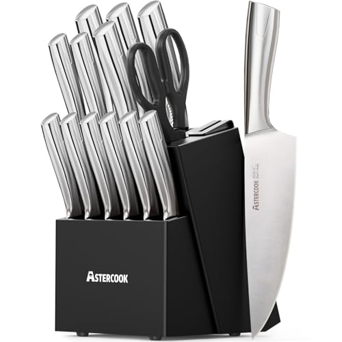 Astercook Knife Set, Kitchen Knives Set with Block and Sharpener Full Tang 15 Pcs Premium Stainless Steel Knives, Dishwasher Safe Knife Set with Anti-slip Ergonomic Handle, Black