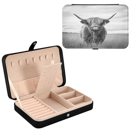 Haskirky Highland Cow Jewelry Box Portable PU Leather Travel Jewelry Organize for Women Jewelry Storage Display Holder for Ring, Necklace, Earring
