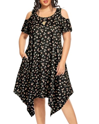 Image of Pinup Fashion Plus Size Summer Sundress Casual Flowy Cold Shoulder Dress