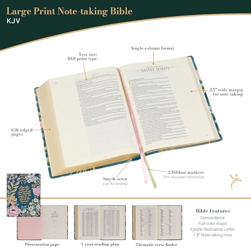 Image of KJV Note-taking Bible, Large Print Special Edition, Journal Space, Reading Plan, Maps, Concordance, King James Version Holy Bible, Ally Dark Teal Floral, 10.8 pt. (KJV Note-taking Loveall Edition)
