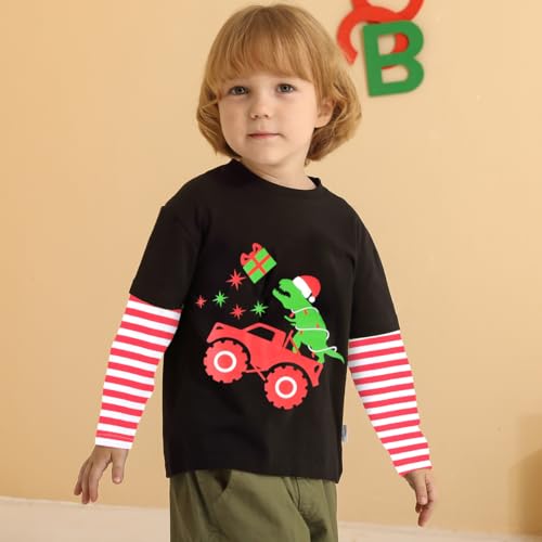 Image of Boys Christmas Tees Girls Dinosaur Tops Stripe Long Sleeve Shirt Kids Truck T-Shirt for Toddler Xmas Gifts 3-9 Years