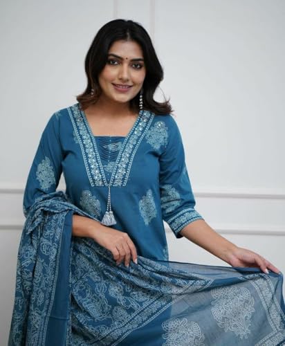 Image of PARTHVI|Women's Pure Cotton Printed with Handwork Kurta with Pants and Dupatta Set | Ethnic Set | Suit Set | Kurta Set | Wedding Suit Set
