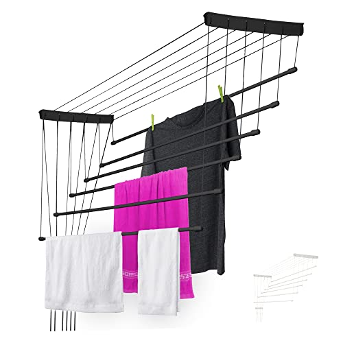 KADAX Etendoir a Linge au Plafond avec Tiges en Acier, Pratique Systeme de Sechage Suspended pour Maximiser l'espace Interieur (Noir, 6 x 140 cm)
