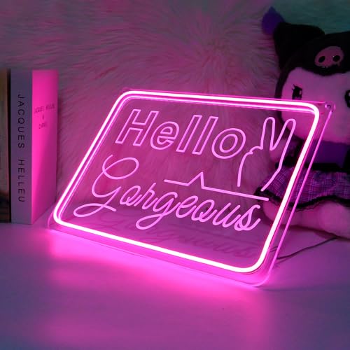 Image of Hello Gorgeous Neon Sign Wall Decor Pink LED Neon Lights for Girls Christmas Memorial Day Birthday Wedding Party Home Lover Room Bathroom Decorations Gifts