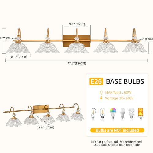 Image of Vintage Bathroom Vanity Light, 5-Light Matte Brass Finish Vanity Light with Floral Clear Glass Shades, Retro Wall Mount Lighting for Bathroom, Dressing Table