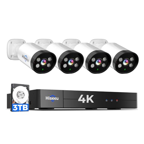 Hiseeu 4K Wired Security Camera System Outdoor with Audio,Smart Dual Light,AI Human/Vehicle Detection,3TB HDD,4K Surveillance DVR Kit 8CH,4X8MP Home CCTV Cameras,Smart Playback,100ft Night Vision