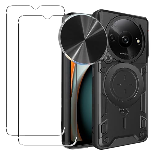 KZIOACSH Case for Redmi A3, Military Grade Hard PC TPU Bumper Back Cover [Camera Protection] Heavy Duty Anti-Scratch Phone Case with Enhanced Metal Car Mount Holder with 2 Tempered Glass,Black