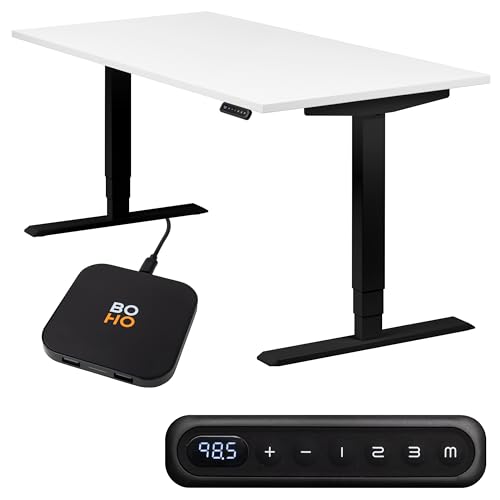 boho office® höhenverstellbarer Schreibtisch 160 x 80 cm - Elektrisch stufenlos, 2 Motoren, 3-Fach Teleskop, Memoryfunktion, inkl. Wireless Charger - Homedesk Schwarz inkl. Tischplatte in Weiß