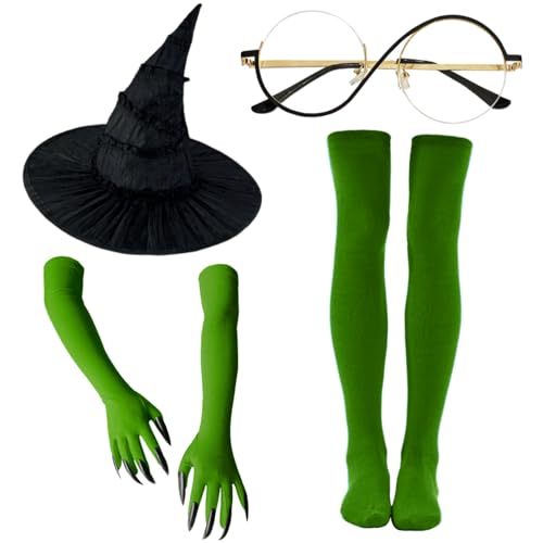 YlLUCHH Witch Costume Accessory Set Black Hat Round Glasses Green Claw Gloves & Matching Green Socks for Halloween Cosplay & Dress-Up