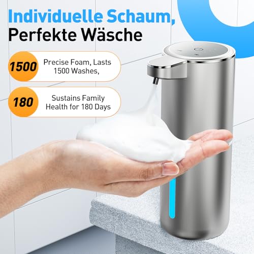 Fantictas Automatischer Schaumseifenspender, berührungsfreier Wandmontierter Handspender, 3-stufig einstellbar, elektrischer Seifenspender mit Infrarot-Bewegungssensor für Badezimmer, Küche,silbern
