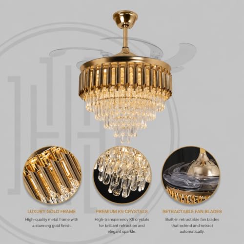 Image of Elegant Chandelier Ceiling Light for Living Room Hanging Pendant Light | Italian K9 Crystals | Metal Frame | Adjustable LED Light (Warm, Cool, Natural White) (Fan Chandelier-AD-600MM-Gold)