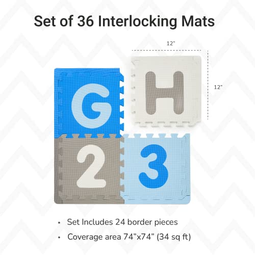 Tadpoles Foam Playmats For Kids, 36 Interlocking Tiles Teach The Abcs And Numbers 0-9, Total Floor Coverage 74” X 74” (36 Sq Ft), For Ages 3 And Up, Colors: Blue/Grey #TOP2